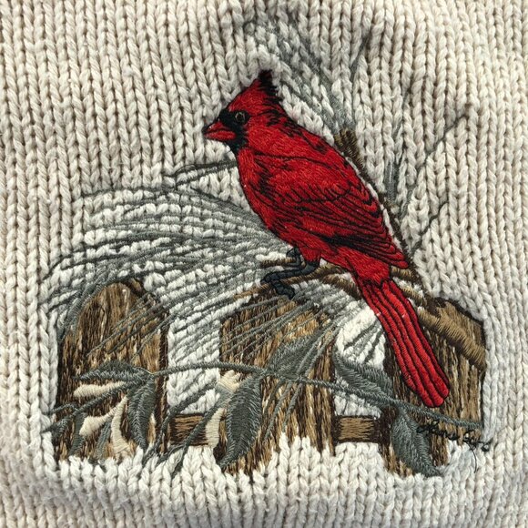Shenandoah Women's Sweater Medium Embroidered Cardinal Beige Crochet Knit - Picture 10 of 12